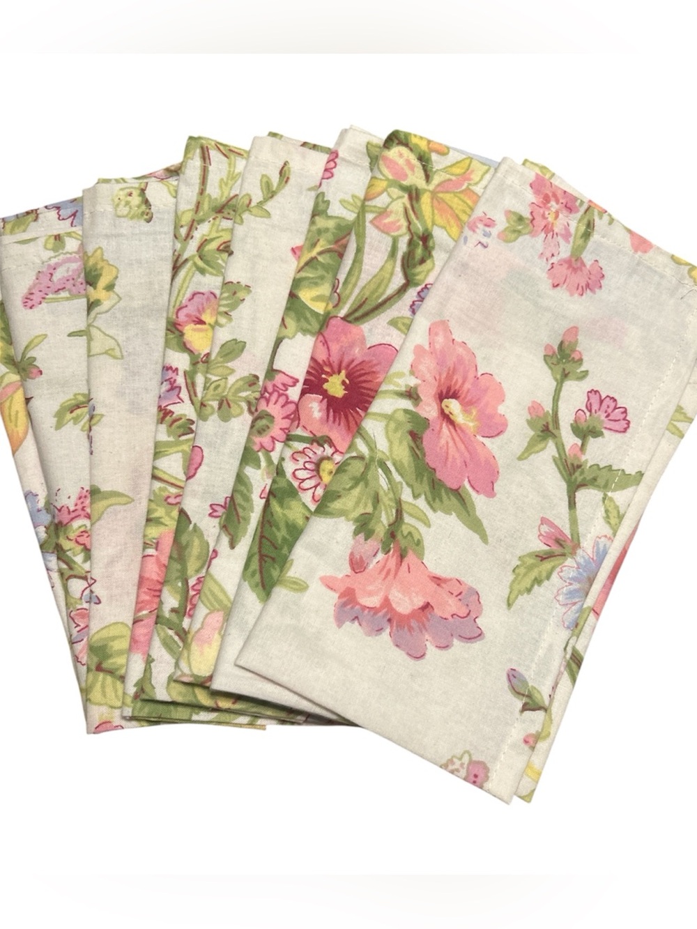 8 April Cornell Graceful Garden Pink Perwinkle Floral Napkin Set 16x16 Cotton